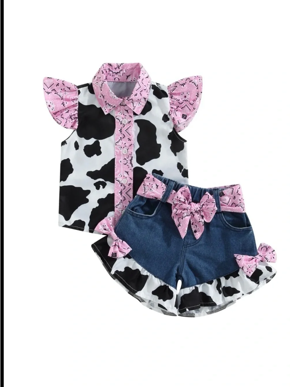 Pink Cowprint Ruffle Kids Matching Set - Top & Denim Shorts
